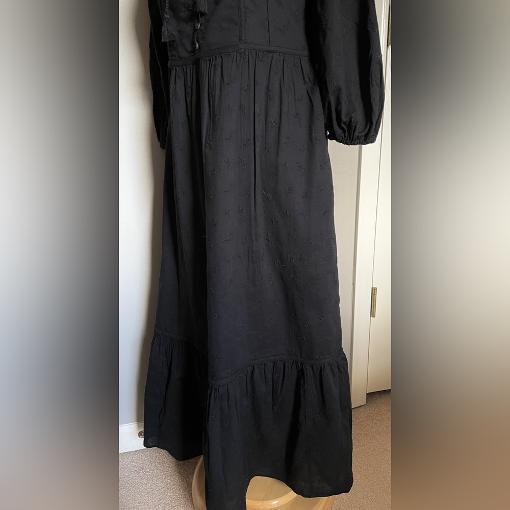 Old Navy Black Tiered, 3/4 Sleeve Dress with Tie Neck, Size XS, Boho, Hippie - Picture 6 of 9